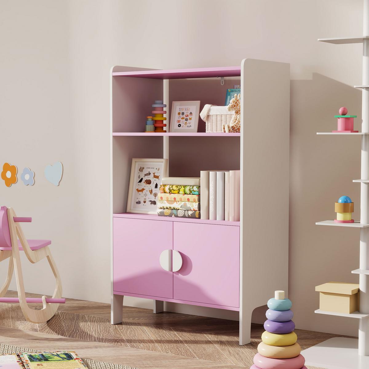 BÜCHERREGAL Kinderregal mit 2 Ablagen und 2 Schranktüren - Rosa/Weiß, Holzwerkstoff (35/100/60cm) - AIYAPLAY