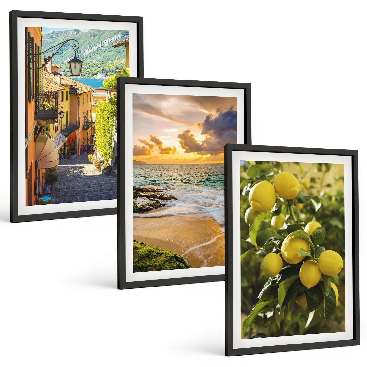 BILDER SET 3er Set - 40x60 cm Schwarzer Rahmen - Straßen, Meer, Strand, Zitrusbäume - Schwarz, Kunststoff (40/60cm) - TULUP