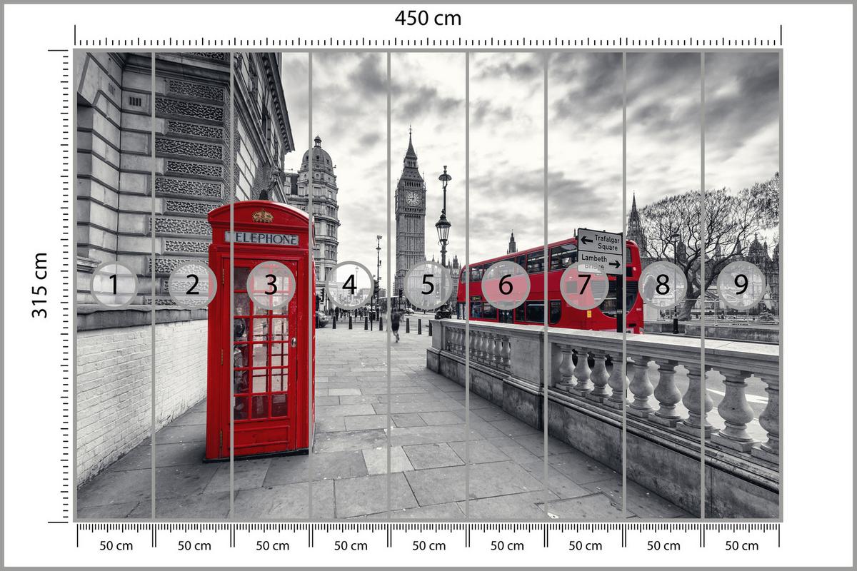 FOTOTAPETE für Wohnzimmer Rote Telefonzelle London Monument BIG BEN Bus 450x315 - Rot/Weiß, Papier (450/315cm) - Muralo