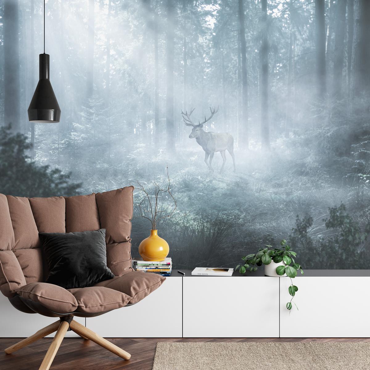 FOTOTAPETE für Wohnzimmer Hirsch Nebelwald Bäume Pflanzen 350x256 - Weiß/Grau, Papier (350/256cm) - Muralo