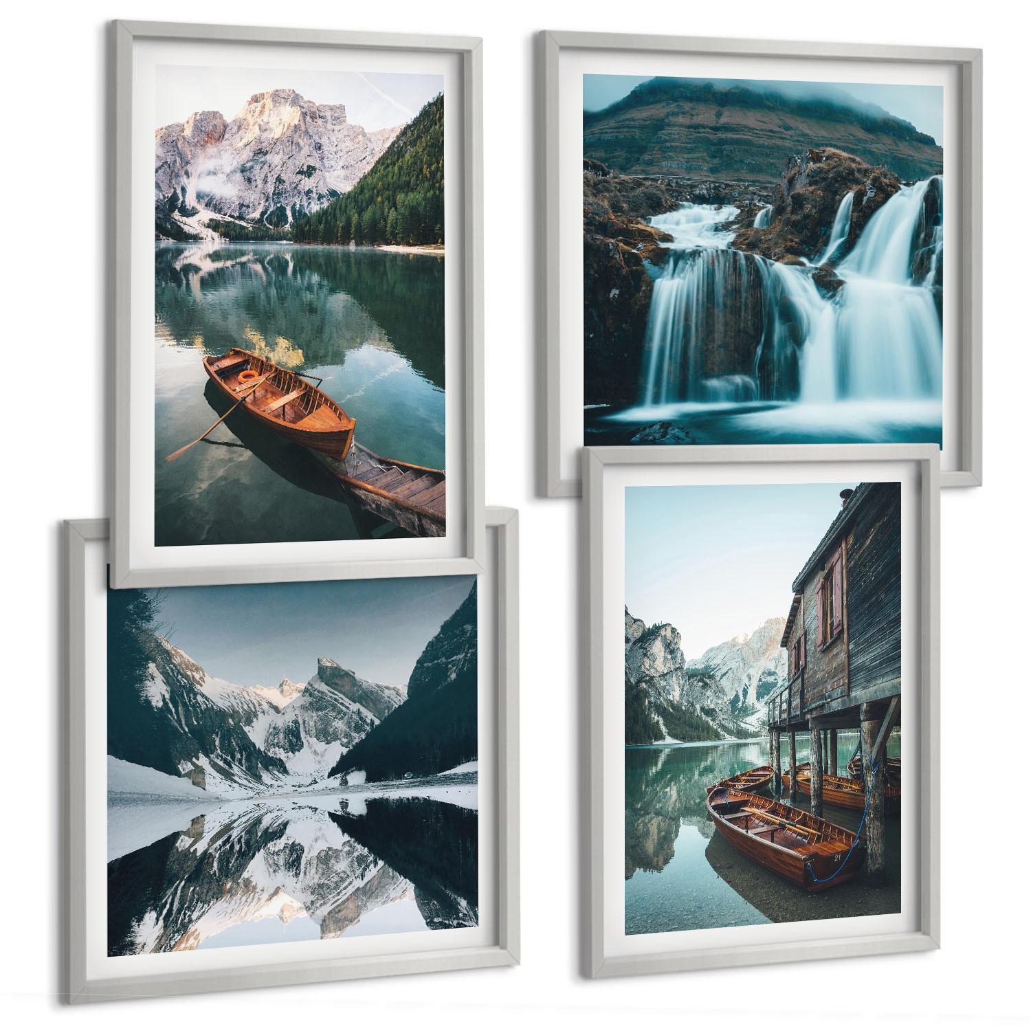 BILDER SET 4er Set - 50x50 cm & 40x60 cm Silberner Rahmen - Spiegelung der Boote auf Bergseen - Silberfarben, Kunststoff (50/50cm) - TULUP