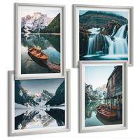 BILDER SET 4er Set - 50x50 cm & 40x60 cm Silberner Rahmen - Spiegelung der Boote auf Bergseen - Silberfarben, Kunststoff (50/50cm) - TULUP