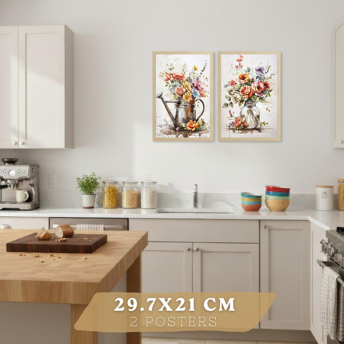 POSTER 4er Set Blumen Küchen-Wandbilder Gießkanne Vase Utensilien Botanisches Aquarell Wohnzimmer Deko Leichter Holzrahmen A4 - Beige, Papier (29.7/1/21cm) - Nacnic