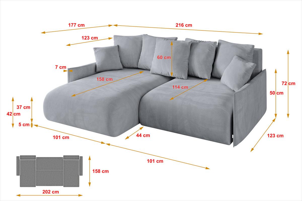 ECKSOFA Ottomane links ONESK-L -v1 216x177x72 Hellgrau Velours - Titanfarben, Holzwerkstoff/Kunststoff (216/177cm) - ALTDECOR