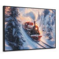 LEINWAND Bilder mit Rahmen - Weihnachtszug - Schnee - Winter - Weihnachten - 80x60 - Dunkelrot, Textil (80/60cm) - MuchoWow