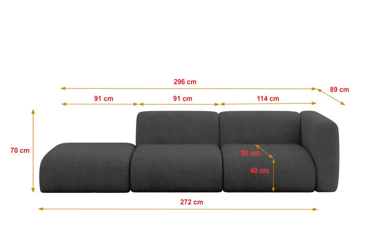 SOFA Ottomane Rechts MIRA-S3 296x89x70 Dunkelgrau Velours - Dunkelgrau/Schwarz, Holzwerkstoff/Kunststoff (296/70/89cm) - ALTDECOR