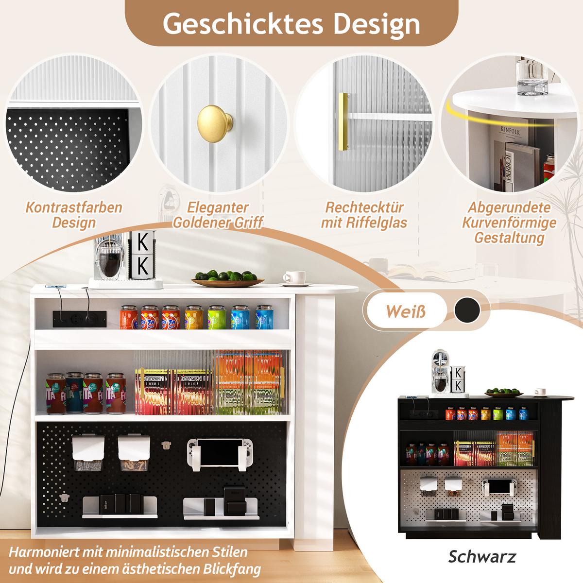 BARTISCH mit sideboard in weiß mit riffelglas, 360° drehbar - Weiß, Holzwerkstoff (50/120/95.5cm) - Urban Meuble