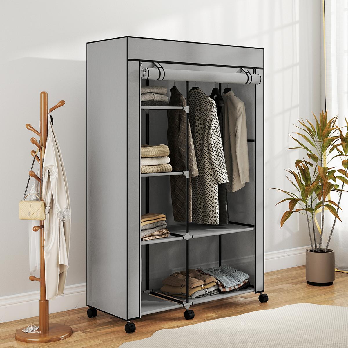 STOFFSCHRANK mit 2 Kleiderstangen, 6 Fächern Hellgrau - Hellgrau, Metall (43/162.5/103cm) - HOMCOM