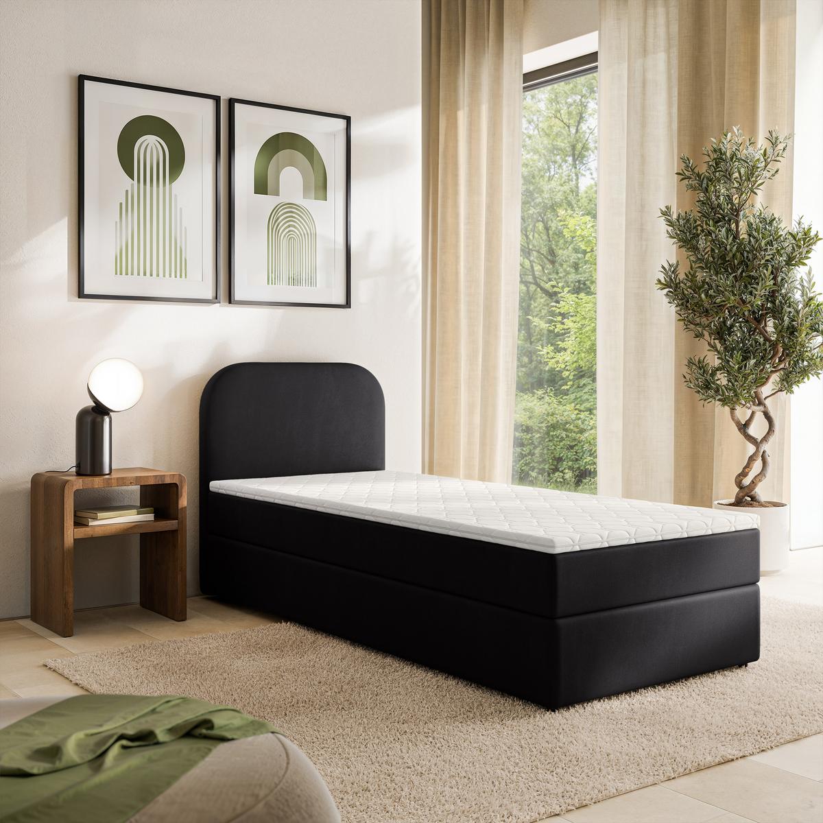 BOXBETT CERIA 80x200 cm mit Matratze und Topper - Schwarz - Schwarz, Holz/Textil (80/200cm) - MASSENO