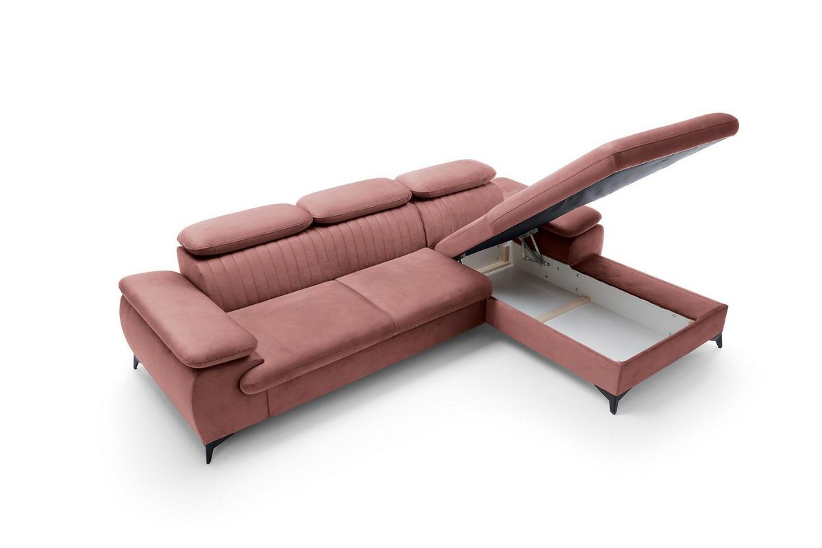 ECKSOFA FIORE Rosa Velours-Stoff mit Schlaffunktion - Rosa, Holz (280/193cm) - MASSENO