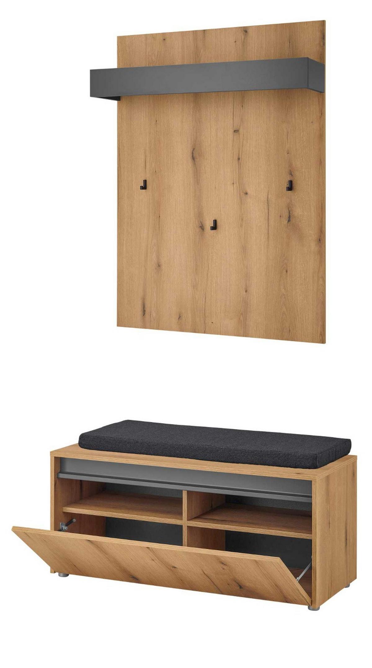 GARDEROBEN-SET Evoke Eiche, grau 100 cm 3-teilig, Flurgarderobe inkl. Sitzkissen - Eichefarben/Schwarz, Holzwerkstoff/Kunststoff (100/200/40cm) - Furn.Design