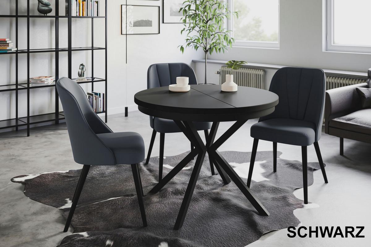 RUNDER Esszimmertisch BERGO, ausziehbarer Tisch Durchmesser: 120 cm/200 cm, Wohnzimmertisch Farbe: Schwarz, mit Metallbeinen in Farbe Schwarz - Schwarz, Holzwerkstoff (120/120/76cm) - Alpi-Möbel