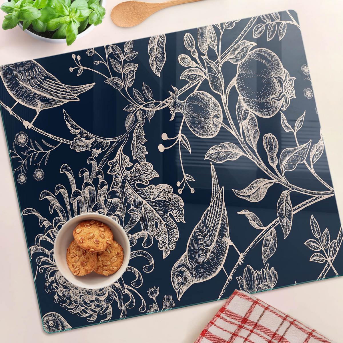 GLASPLATTE 60x52 cm Blumen und Vögel - Blau, Glas (60/0.4/52cm) - TULUP