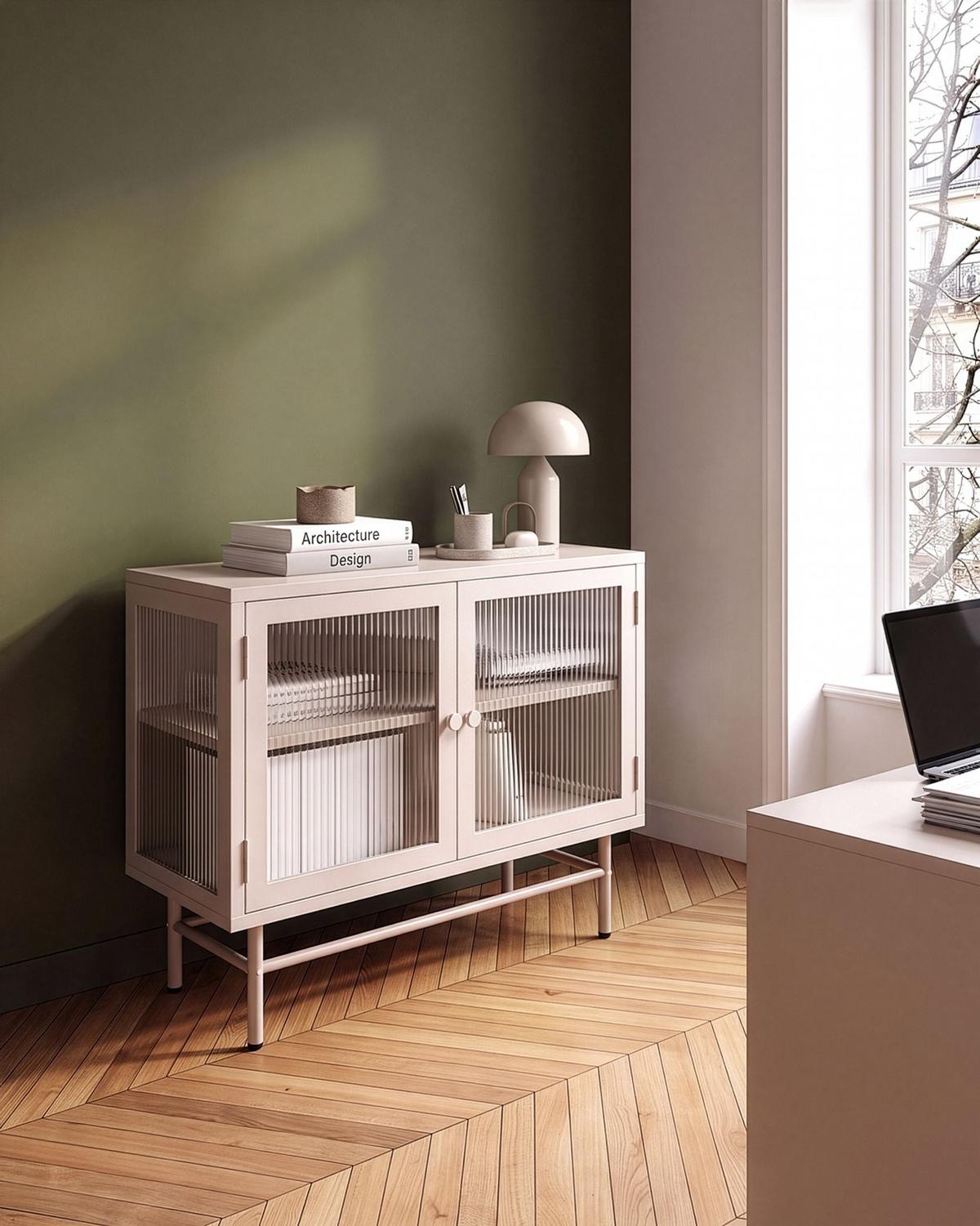 SIDEBOARD mit Glastüren Metall 77 cm Beige Devon - Beige, Metall (77/64/35cm) - Beliani