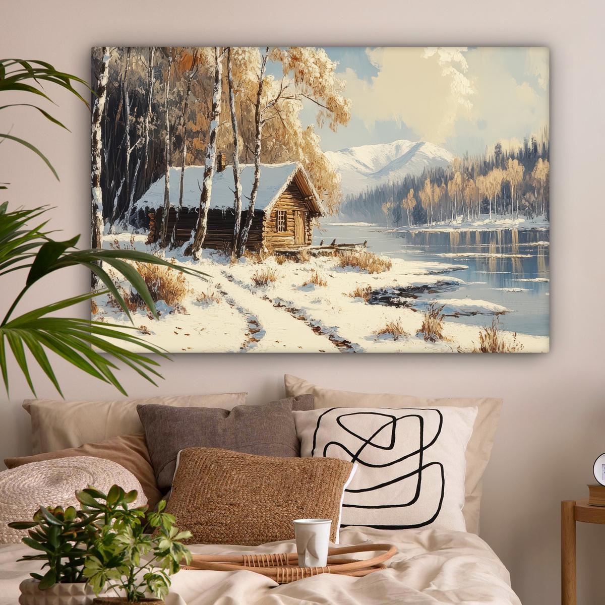 LEINWANDBILD Winter - Schnee - Zuhause - Natur Wohnzimmer Groß 120x80 cm - Hellbraun, Textil (120/80cm) - MuchoWow