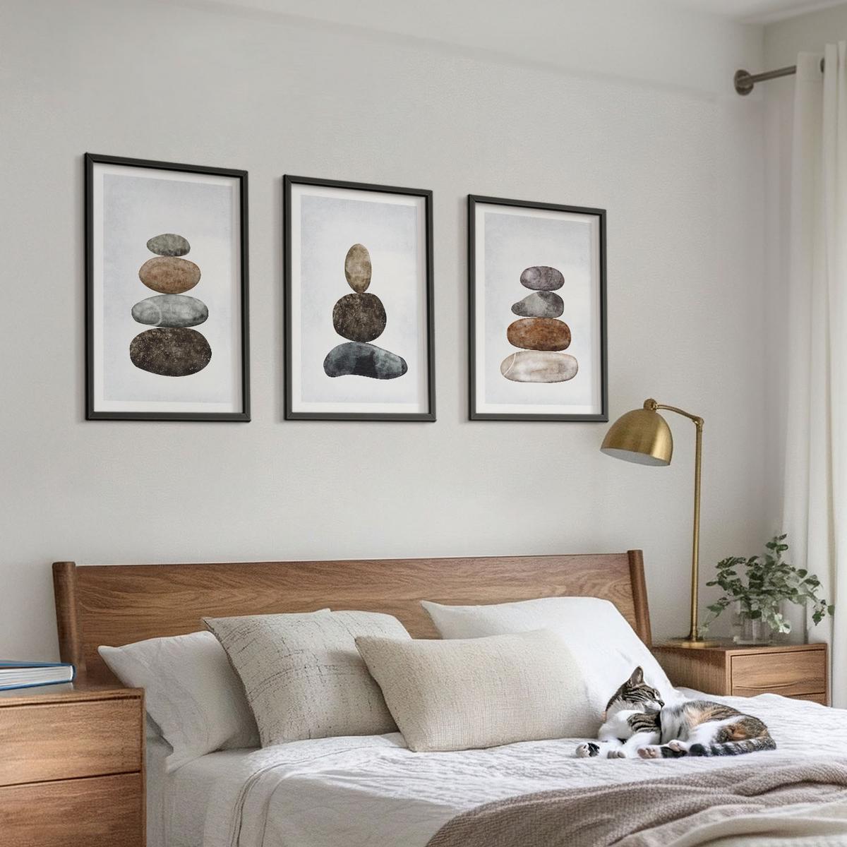 BILDER SET 3er Set - 40x60 cm Schwarzer Rahmen - Minimalistische Boho-Steine - Schwarz, Kunststoff (40/60cm) - TULUP