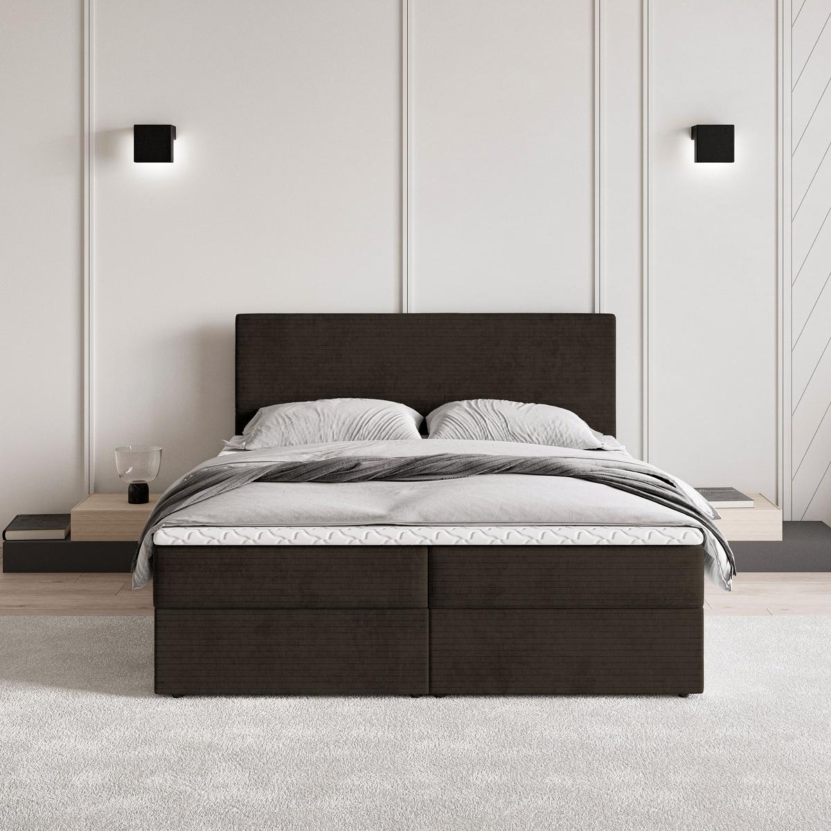 BOXBETT NIRA 140x200 cm mit Matratze und Topper - Braun - Braun, Holz (140/200cm) - MASSENO