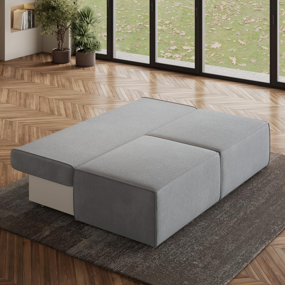 ECKSOFA VARNA P Hellgrau Kordstoff mit Schlaffunktion - Hellgrau/Grau, Holz/Kunststoff (196/158cm) - MASSENO