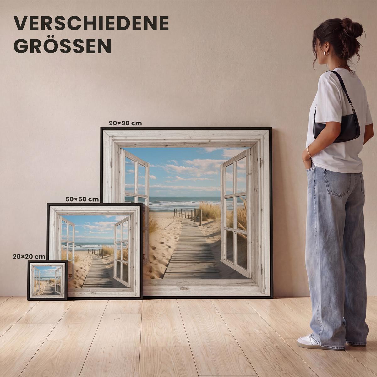 LEINWAND Bilder mit Rahmen - Fenster - Meer - Küste - Natur - Ausblick - Strand - Wattenmeer - 90x90 - Beige, Textil (90/90cm) - MuchoWow