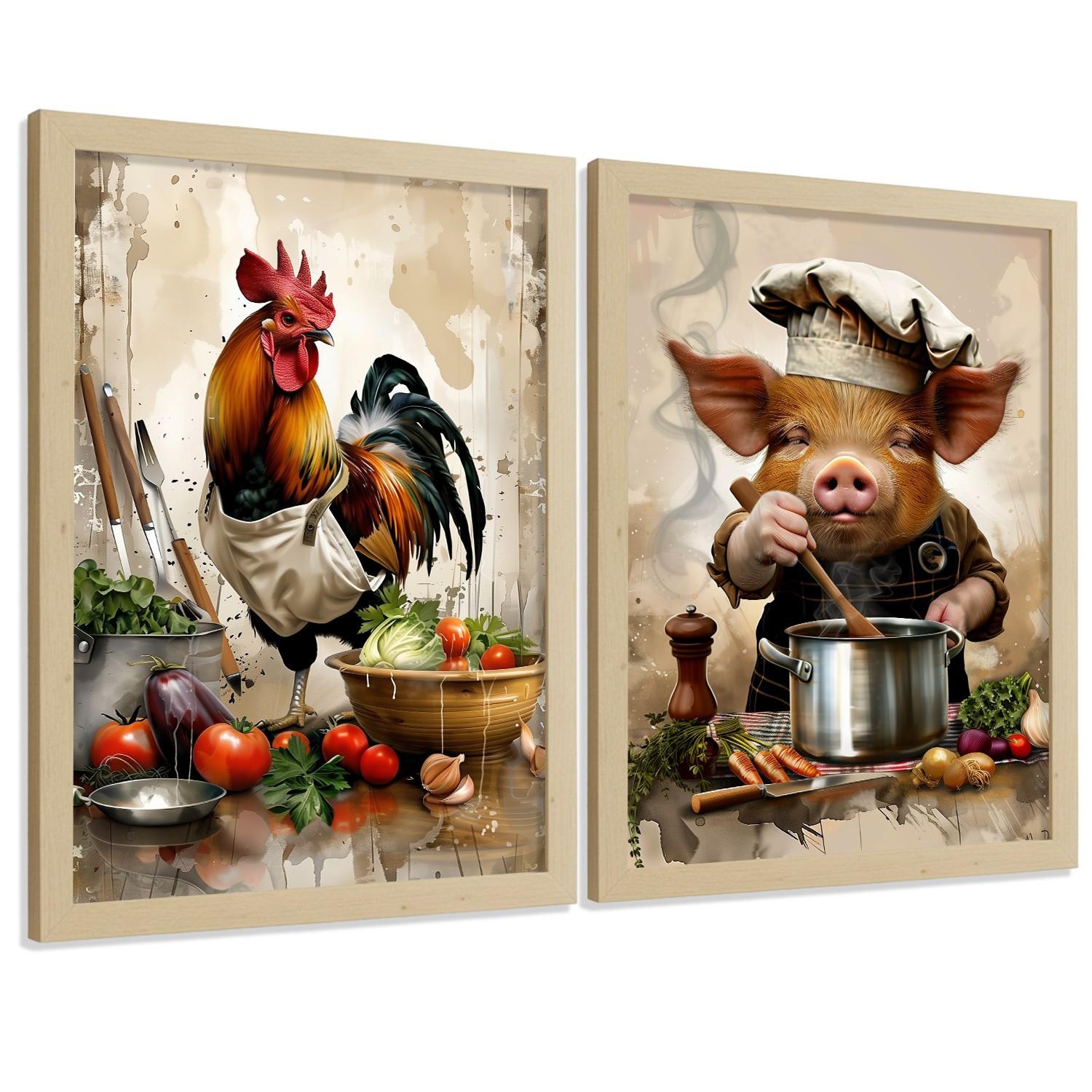 POSTER 2er Set Küchen-Wandbilder Hahn und Schwein Koch Aquarell Illustration Esszimmer Wanddeko Rahmenlos A3 - Klar, Papier (29.7/1/42cm) - Nacnic
