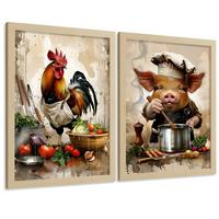 POSTER 2er Set Küchen-Wandbilder Hahn und Schwein Koch Aquarell Illustration Esszimmer Wanddeko Rahmenlos A4 - Klar, Papier (29.7/1/21cm) - Nacnic