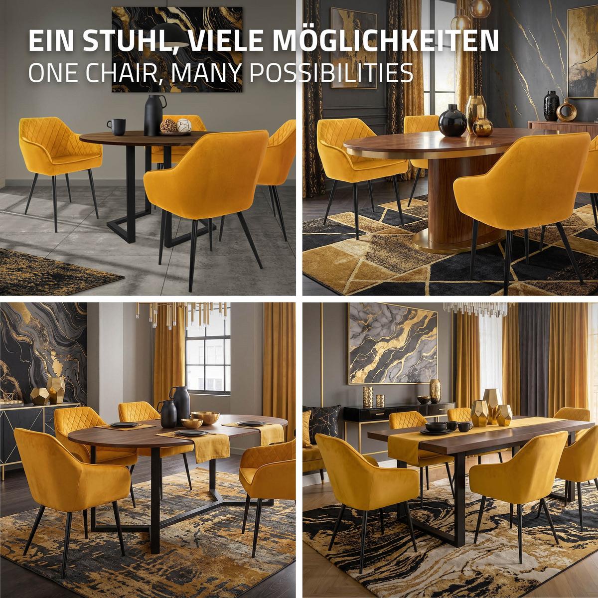 ESSZIMMERSTUHL 4er Set Senfgelb Samt - Gelb/Schwarz, Textil/Metall (63/80/60cm) - ML-DESIGN
