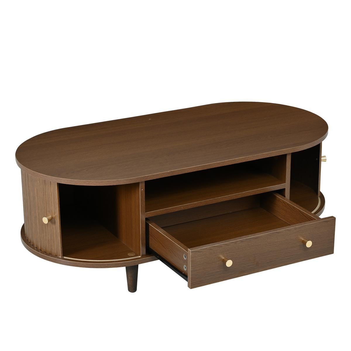 COUCHTISCH Ovales Design mit Rolltür & Schublade - Walnussfarben, Holzwerkstoff (50/100/36cm) - Urban Meuble