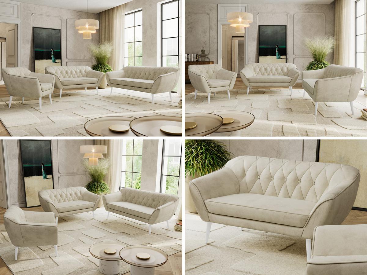 SITZGARNITUR PIRS 3+2+1 - Beige Velvet - Weiße Beine - Beige/Weiß, Holzwerkstoff/Textil (180/75/74cm) - MKS