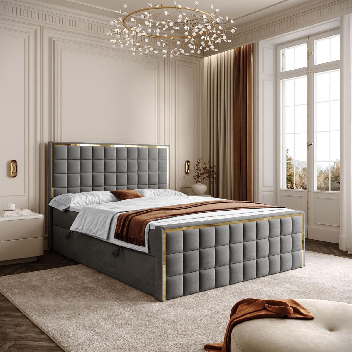 BOXSPRINGBETT ISADORA II GOLD mit Bettkasten und Topper 140x200 cm Royal Velvet 250 - Grau, Textil - Lookway