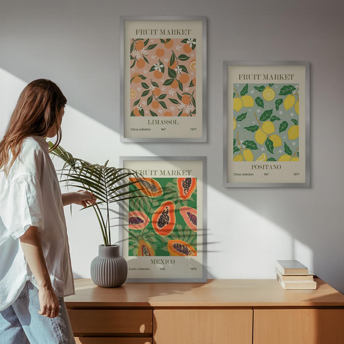 BILDER SET 3er Set - 40x60 cm Silberner Rahmen - Zitrusfrüchte, tropischer Retro-Stil - Silberfarben, Kunststoff (40/60cm) - TULUP