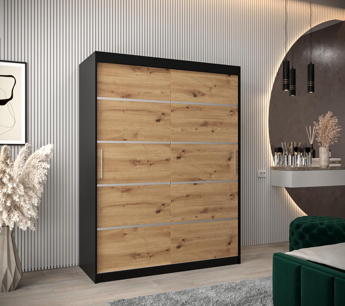 SCHWEBETÜRENSCHRANK 200/150/62 2-türig - Silberfarben/Schwarz, Holz/Kunststoff (150/200/62cm) - MÖBEL KRYSPOL