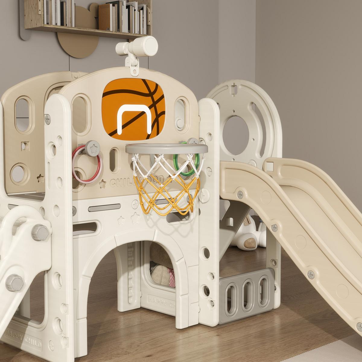 KINDERRUTSCHE, 7-in-1, Kleinkinderrutsche mit Basketballkorb, Klettergerüst - Creme/Weiß, Kunststoff (153/111/186cm) - AIYAPLAY