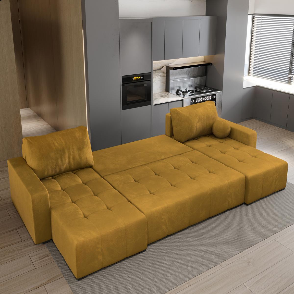 WOHNLANDSCHAFT TOLARI Gelb Plüsch-Stoff mit Schlaffunktion - Gelb, Holz (295/85/140cm) - MASSENO
