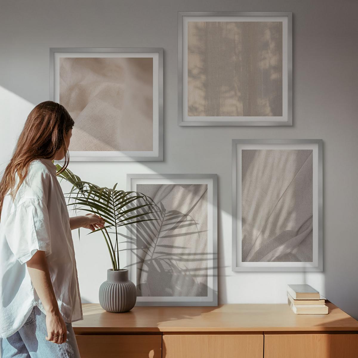 BILDER SET 4er Set - 50x50 cm & 40x60 cm Silberner Rahmen - Nahaufnahme von natürlichen Boho-Stoffen - Silberfarben, Kunststoff (50/50cm) - TULUP