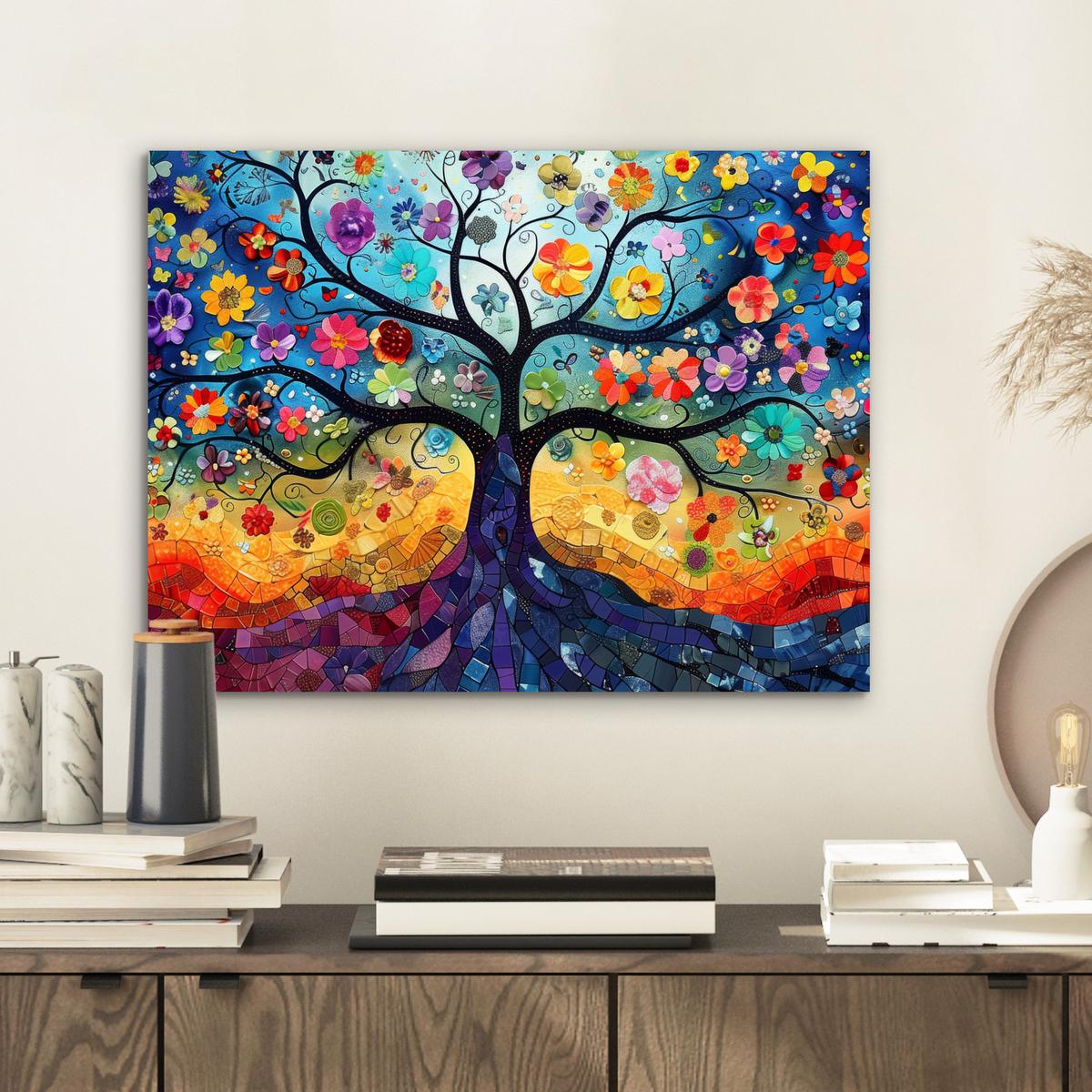 METALLBILD Kunst - Baum des Lebens - Blumen - Hippie 40x30 cm - Dunkelblau, Metall (40/30cm) - MuchoWow
