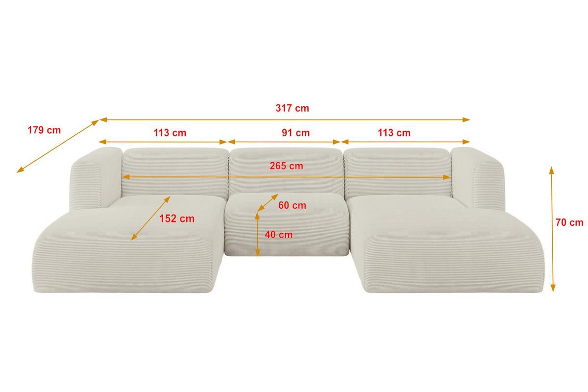 WOHNLANDSCHAFT MIRA-U1 317x179x70 Creme Cord - Ecru/Creme, Holzwerkstoff/Kunststoff (317/70/179cm) - ALTDECOR
