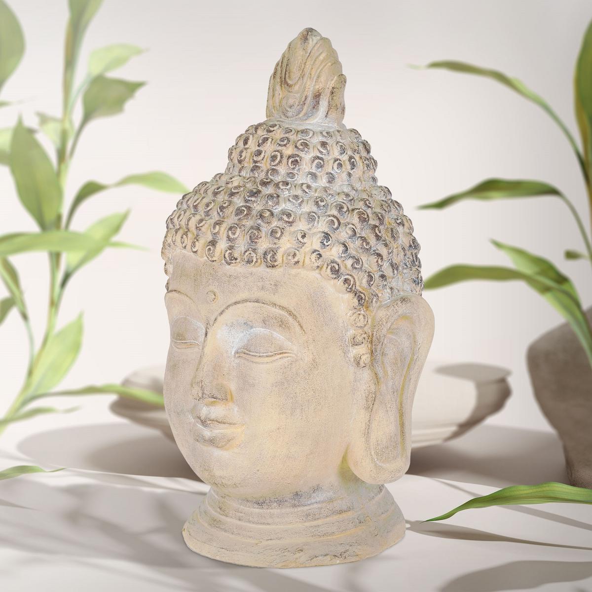 BUDDHA KOPF STATUE 78 cm Beige/Grau aus Polyresin - Beige, Kunststoff (39/78/45cm) - ECD-Germany