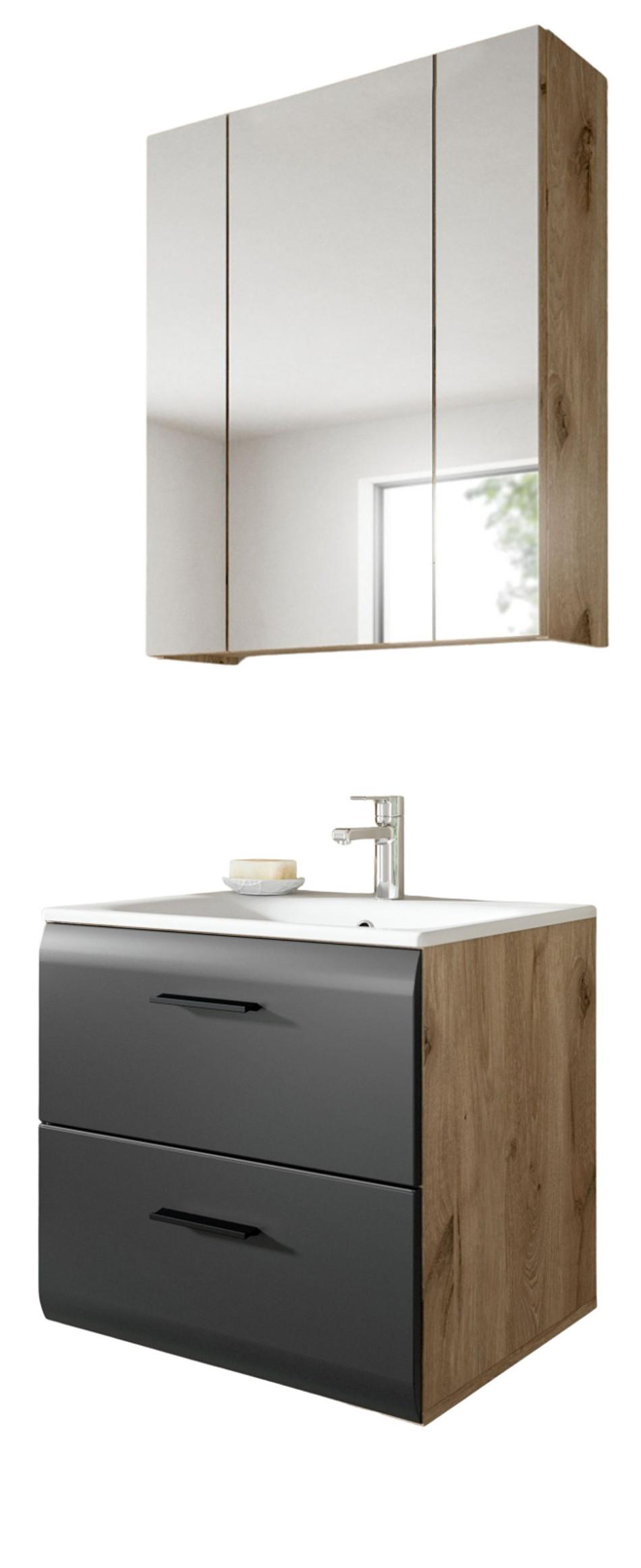 BADMÖBEL-SET 2-teilig Schwarz matt und Eiche Komplett-Set mit Waschbecken, 60 x 185 cm - Eichefarben/Schwarz, Glas/Holz (60/185/46cm) - Inn.Furn