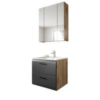 BADMÖBEL-SET 2-teilig Schwarz matt und Eiche Komplett-Set mit Waschbecken, 60 x 185 cm - Eichefarben/Schwarz, Glas/Holz (60/185/46cm) - Inn.Furn