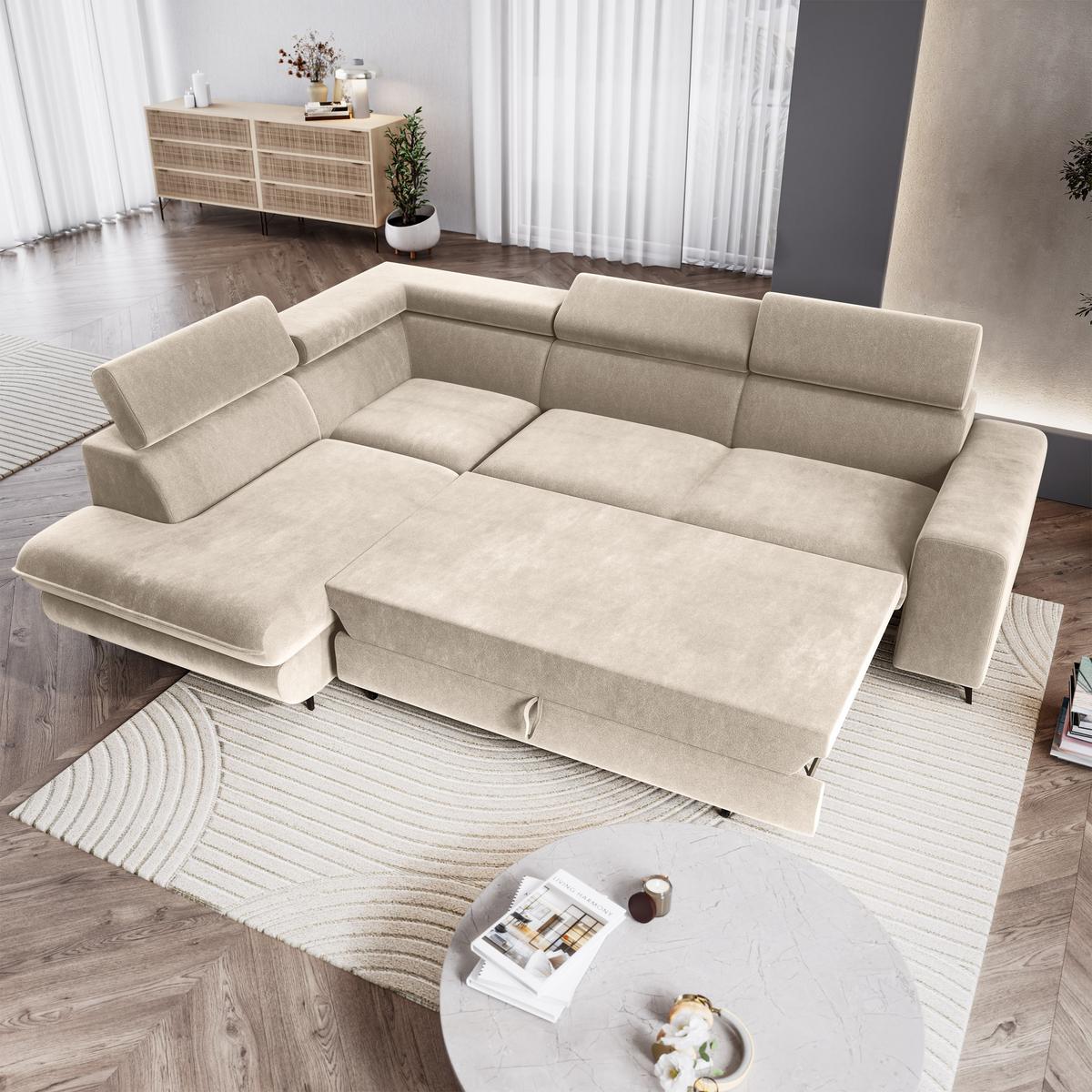 ECKSOFA VELISS Creme Veloursstoff mit Schlaffunktion - Creme, Holz (255/193cm) - MASSENO