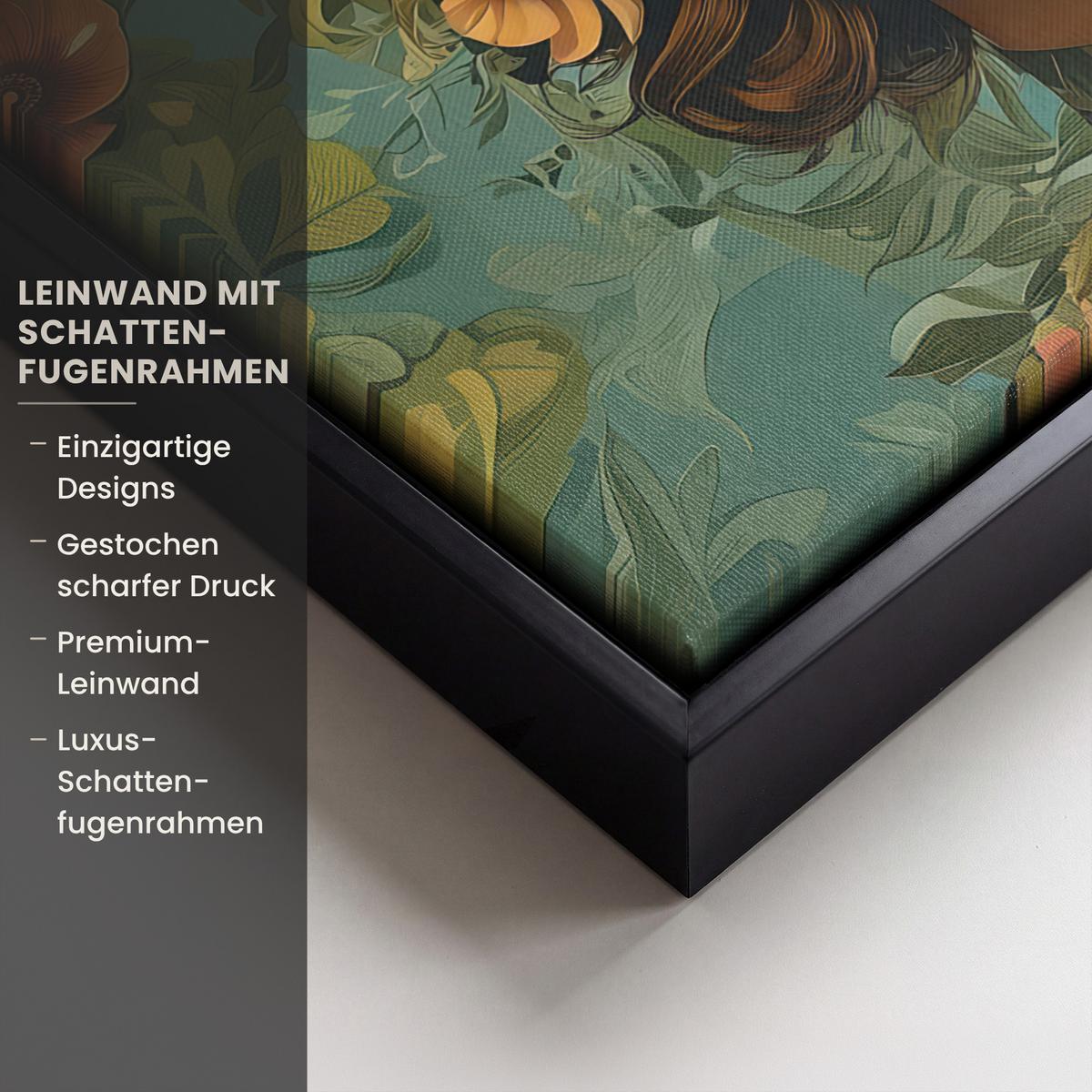 LEINWAND Bilder mit Rahmen - Frau - Blumen - Schmetterlinge - Natur - Vintage - 40x30 - Salbeigrün, Textil (40/30cm) - MuchoWow