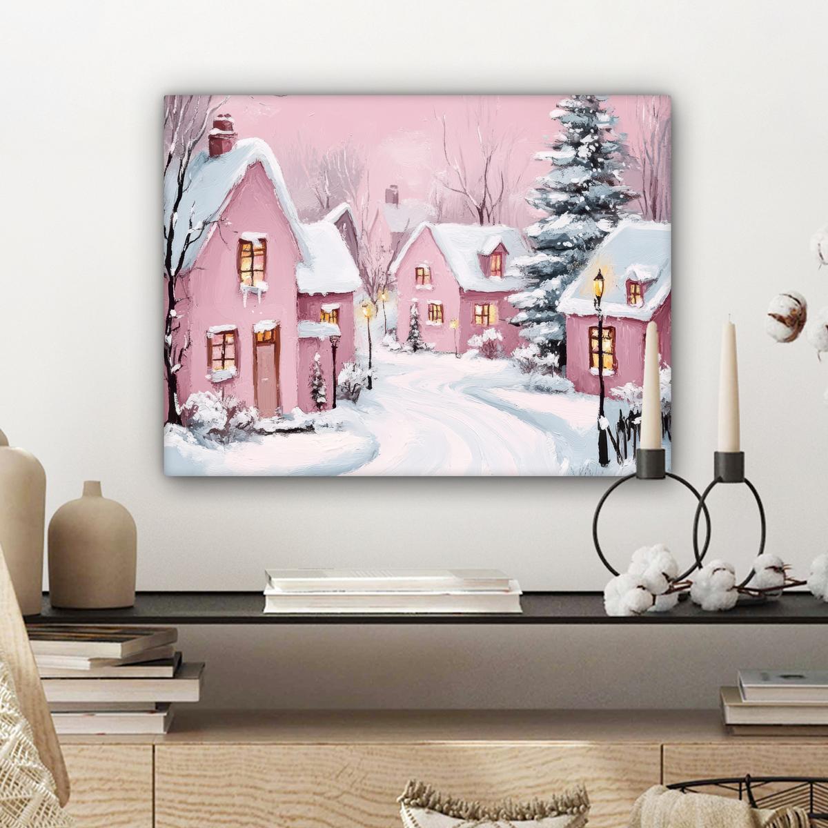 LEINWANDBILD Weihnachtsdorf - Rosa - Winter - Schnee - Häuser Wandbild 40x30 cm - Altrosa, Textil (40/30cm) - MuchoWow