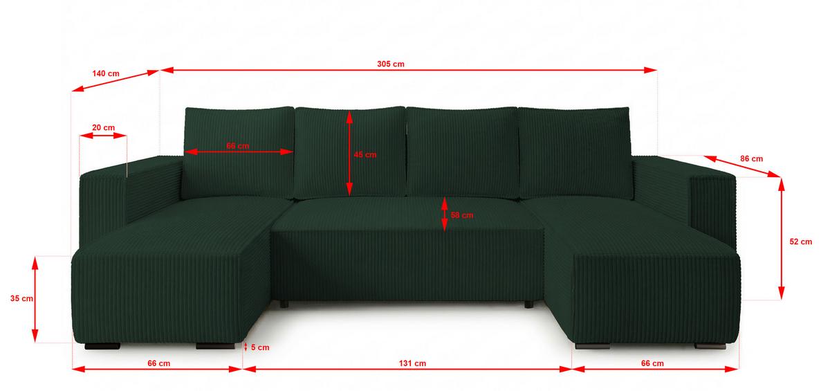 WOHNLANDSCHAFT CUDDY U mit Schlaffunktion und Bettkasten, Farbe: Grün, Cordstoff - Grün, Textil (305/85/140cm) - Storez24