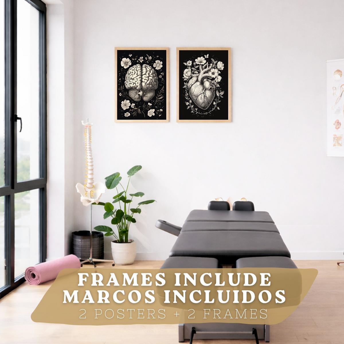 POSTER Set aus 2 Anatomie Mensch Drucke und mit Gehirn und Herz Monochromes Florales Design Schwarzer Hintergrund Größe Leichter Holzrahmen A3 - Beige, Papier (29.7/42/3cm) - Nacnic