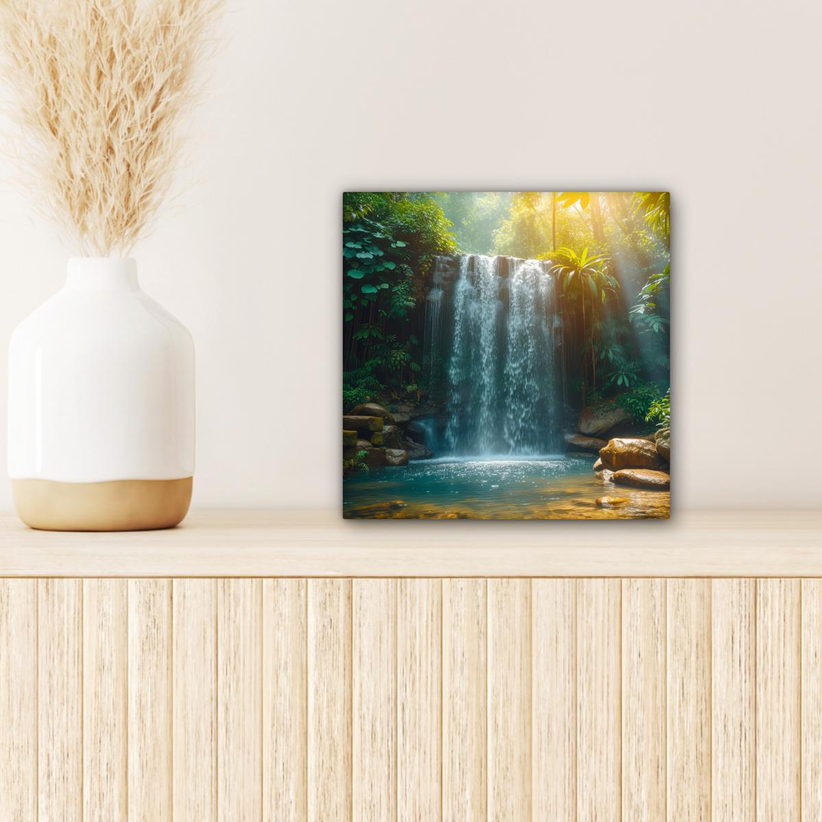 LEINWANDBILD Wasserfall - Dschungel - Sonne - Grün - Natur Deko Wohnzimmer 20x20 cm - Grün, Textil (20/20cm) - MuchoWow