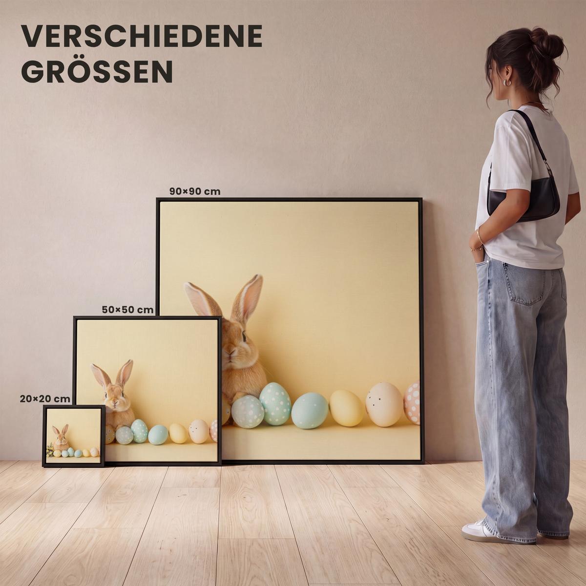 LEINWAND Bilder mit Rahmen - Eier - Kaninchen - Pastellfarbtöne - 90x90 - Hellgelb, Textil (90/90cm) - MuchoWow