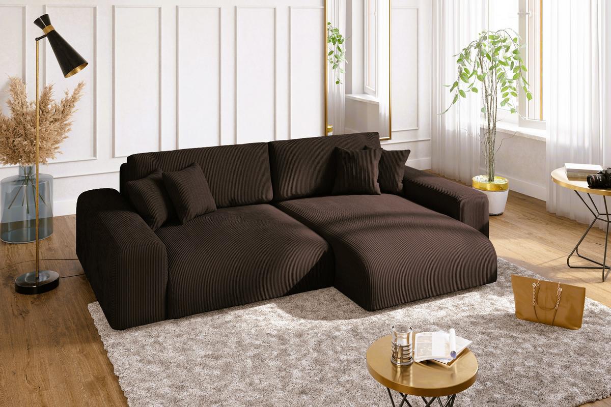 ECKSOFA mit Schlaffunktion, Bettkasten, Wellenunterfederung, seitenverkehrt montierbar B255/T165/H84 cm, Liegefl. 148x196 cm, Cord Dunkelbraun / 21003 - Dunkelbraun/Schwarz, Kunststoff/Textil (255/165cm) - luma-home