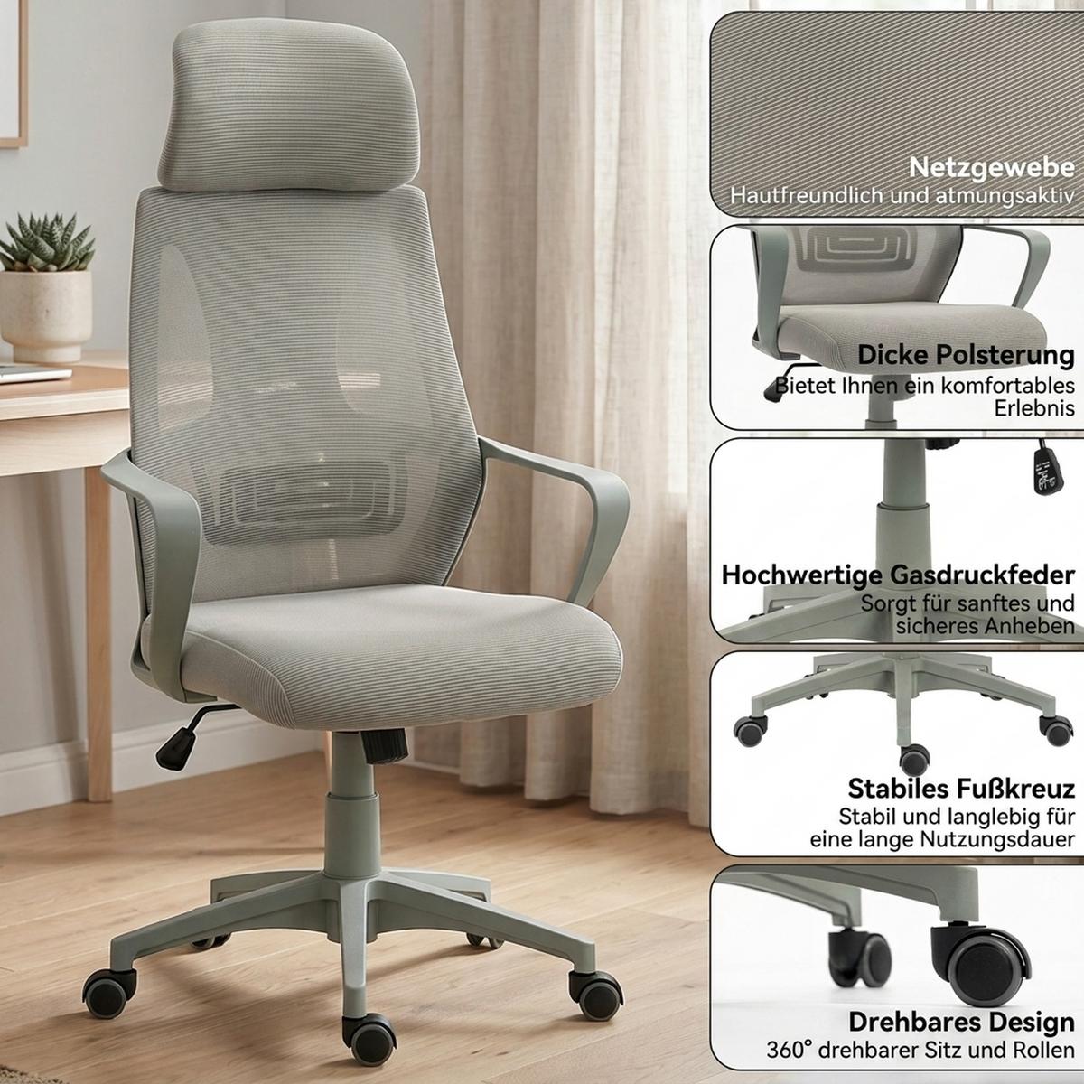 BÜROSTUHL Mesh-Gewebe Grau - Grau, Kunststoff/Textil (55/126/64cm) - Vinsetto