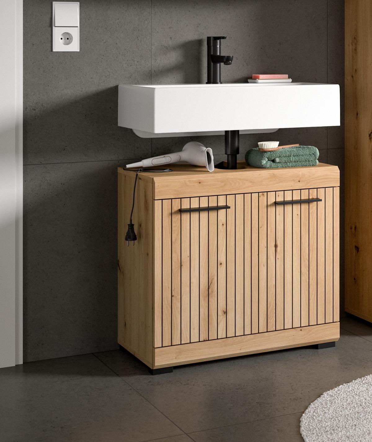 WASCHBECKENUNTERSCHRANK Eiche Artisan 60 cm, Badezimmer Unterschrank 2-türig - Schwarz/Eiche Artisan, Holzwerkstoff/Kunststoff (60/56/34cm) - Inn.Furn