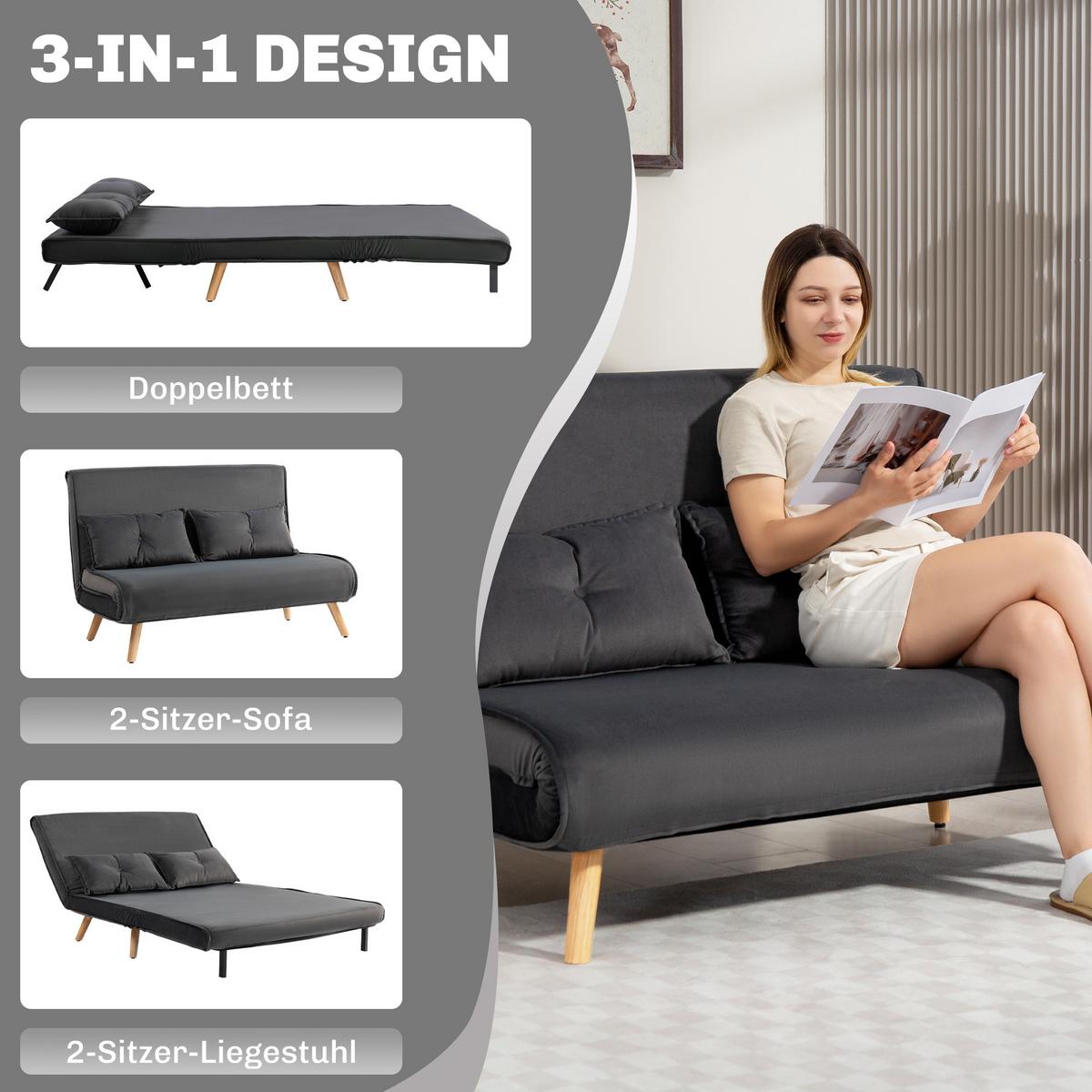 SCHLAFSOFA 3 in 1, 120 x 190 cm Schlaffunktion, Lendenkissen - Dunkelgrau/Naturfarben, Holz/Textil (75/87/120cm) - HOMCOM
